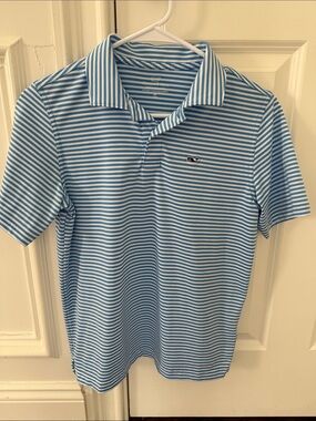 Vineyard Vines performance Light Blue and White Striped Polo size 12-14